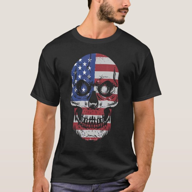Amerikanska Flagga Skull 4:e juli T Shirt (Framsida)
