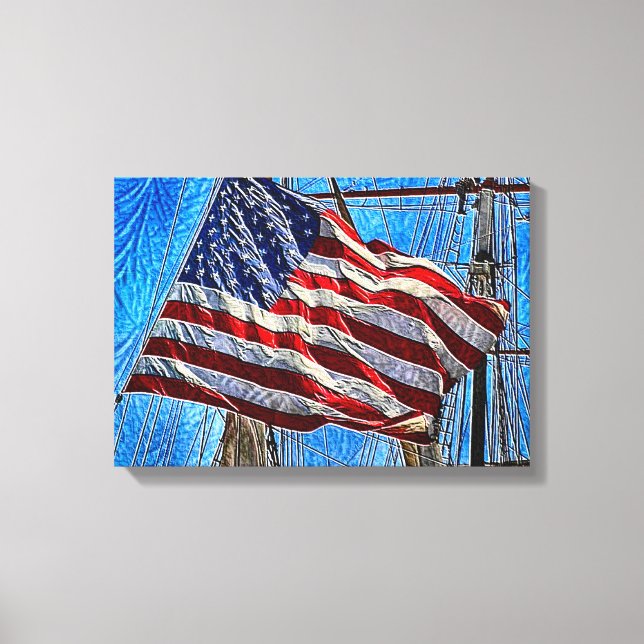 Amerikanska Flagga som viftar i Vind Art Canvastryck (Framsida)
