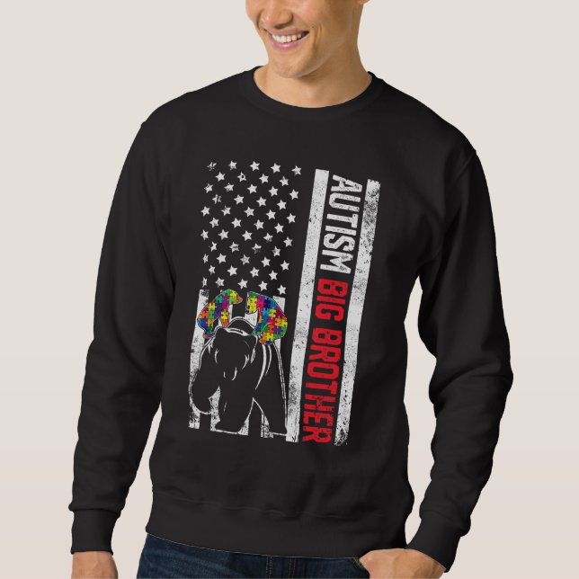 Amerikanska Flagga storebror Bear Autism Awareness Lång Ärmad Tröja (Framsida)