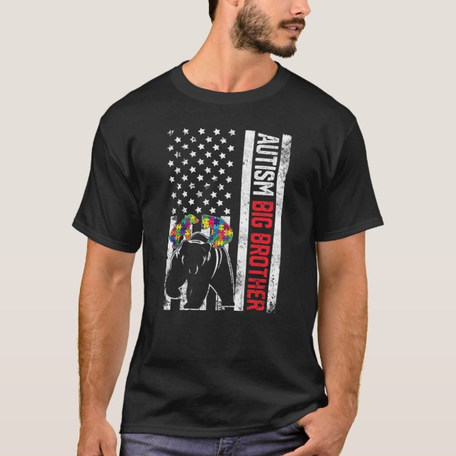 Amerikanska Flagga storebror Bear Autism Awareness T Shirt (Framsida)