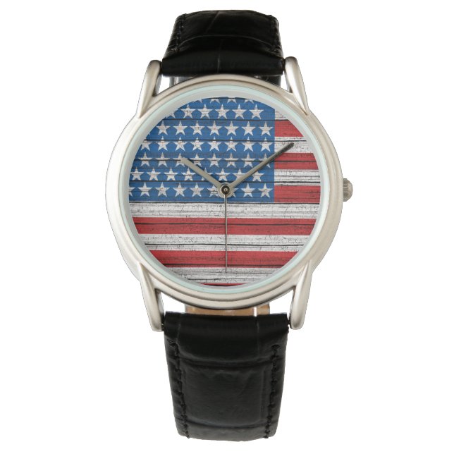 Amerikanska Flagga vid Weasted Wood Grain Mönster Armbandsur (Framsida)