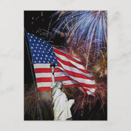 Amerikanska flaggan, fyrverkerier och vykort