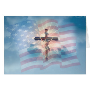Amerikanska flaggan Jesus på crucifixmoln Hälsningskort