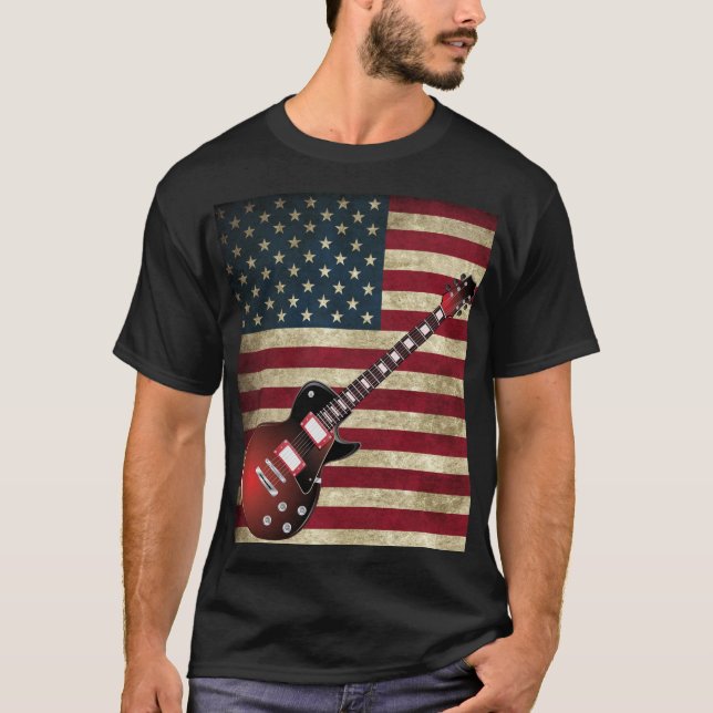 Amerikanska flaggan och röd elkraftgitarr - t shirt (Framsida)