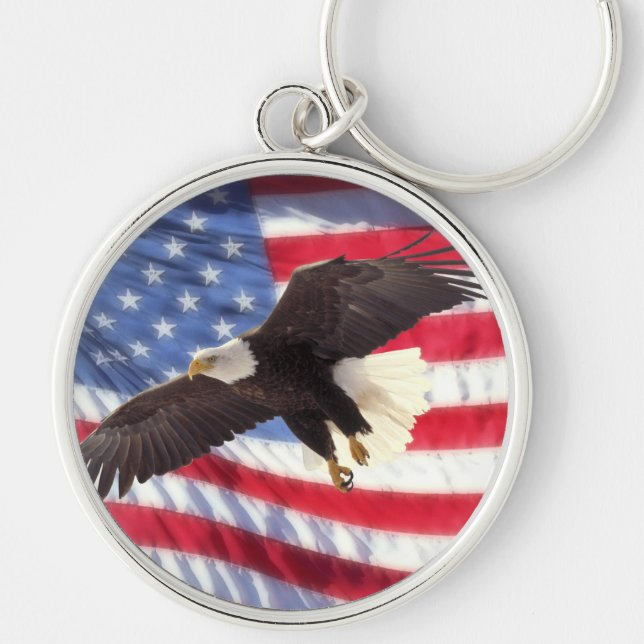 Amerikanska flaggan & örn Keychain Rund Silverfärgad Nyckelring (Framsidan)