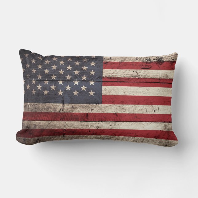 Amerikanska flaggan på gammalt Wood korn Lumbarkudde (Framsida)