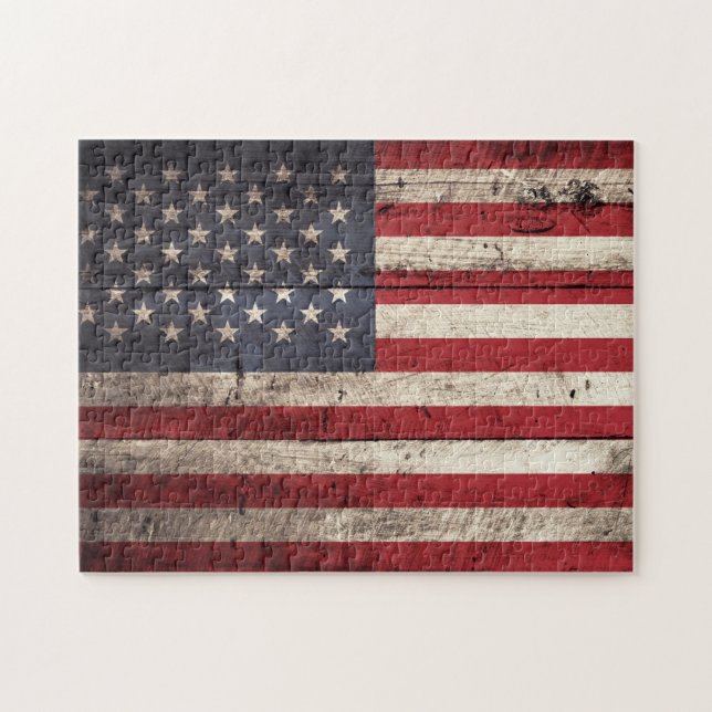Amerikanska flaggan på gammalt Wood korn Pussel (Horisontell)