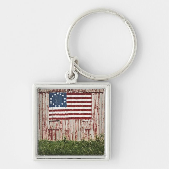 Amerikanska flaggan som målas på ladugård fyrkantig silverfärgad nyckelring (Framsidan)