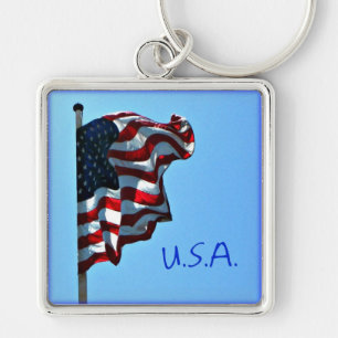 Amerikanska flaggan USA Keychain Fyrkantig Silverfärgad Nyckelring