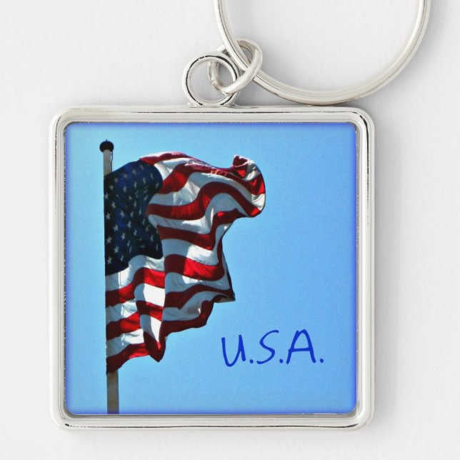 Amerikanska flaggan USA Keychain Fyrkantig Silverfärgad Nyckelring (Framsidan)