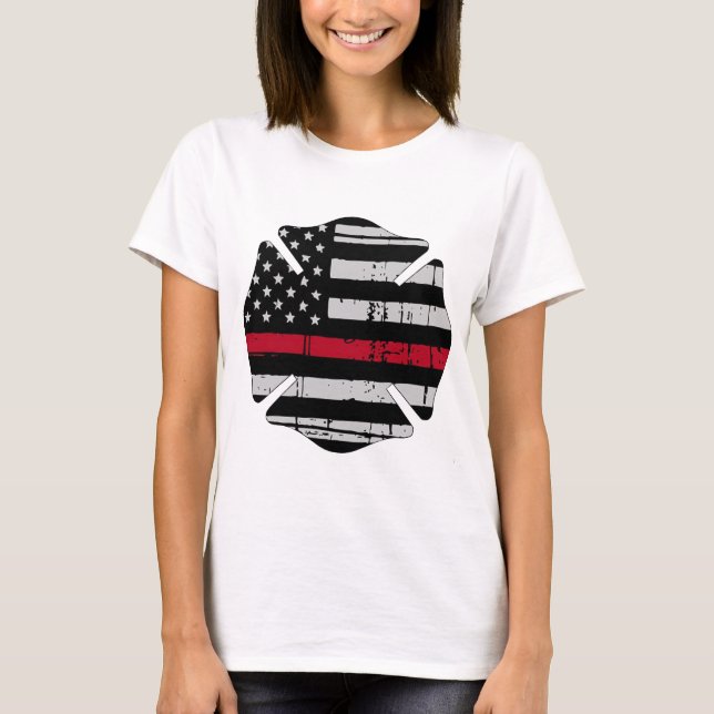 Amerikanska flagganbrandmankor gör röd linje t-shirt (Framsida)
