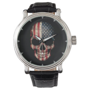 Amerikanska flagganskalle på svart armbandsur