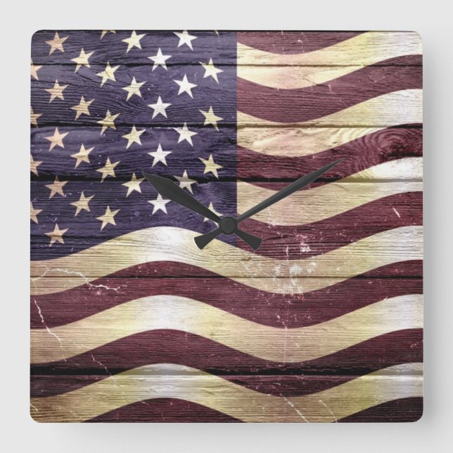 Amerikanska flagganvintageträ fyrkantig klocka (Framsida)