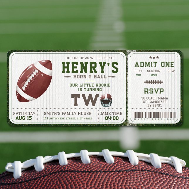 Amerikanska fotbollens födelsedag 2 Boll 2 Inbjudningar (Born 2 Ball 2nd Birthday 
Invitation Football Sports Themed Ticket Unique)