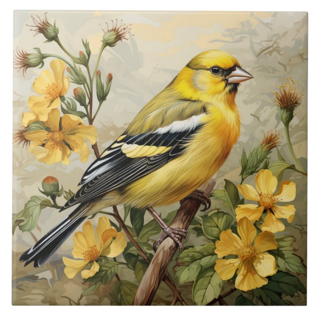 Amerikanska Goldfinch Porträtt, Gult och svart Kakelplatta (Framsidan)