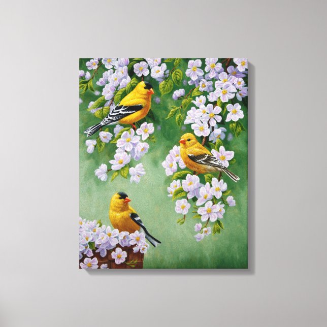 Amerikanska Goldfinches & Rosa Apple-Blommar Canvastryck (Framsida)