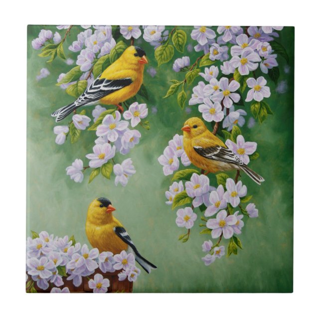 Amerikanska Goldfinches & Rosa Apple-Blommar Kakelplatta (Framsidan)