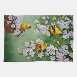 Amerikanska Goldfinches & Rosa Apple-Blommar Kökshandduk
