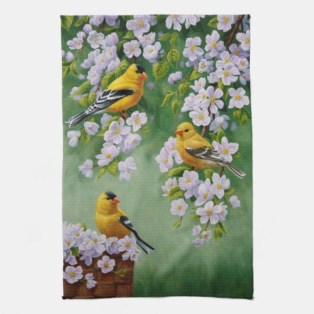 Amerikanska Goldfinches & Rosa Apple-Blommar Kökshandduk (Vertikal)