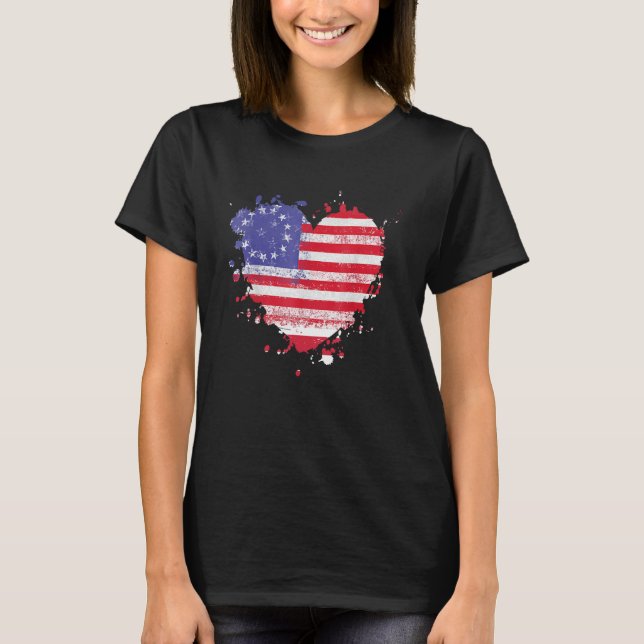 Amerikanska Kärlek Flagga USA Heart 4:e juli Ameri T Shirt (Framsida)