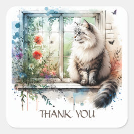 Amerikanska Långhåriget Cat in Window Summer Flowe Fyrkantigt Klistermärke
