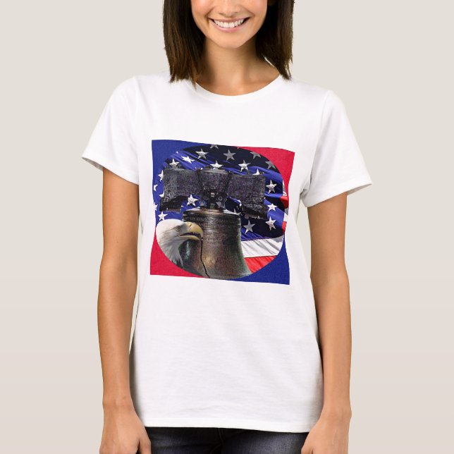 Amerikanska Örn, Bell och Flagga Tee Shirt (Framsida)