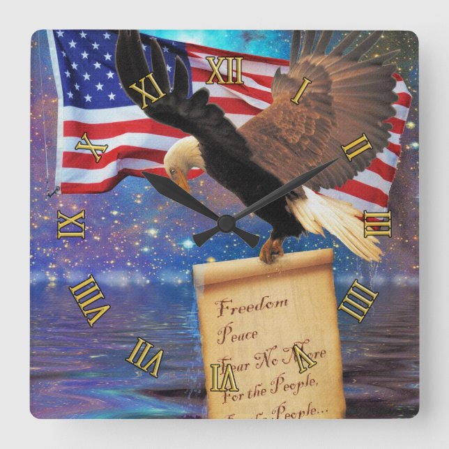Amerikanska Örn och amerikanska Flagga Patriotism  Fyrkantig Klocka (Framsida)