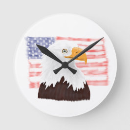 Amerikanska Örn och Flagga - genomskinligt vita. Rund Klocka