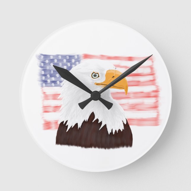Amerikanska Örn och Flagga - genomskinligt vita.  Rund Klocka (Framsida)