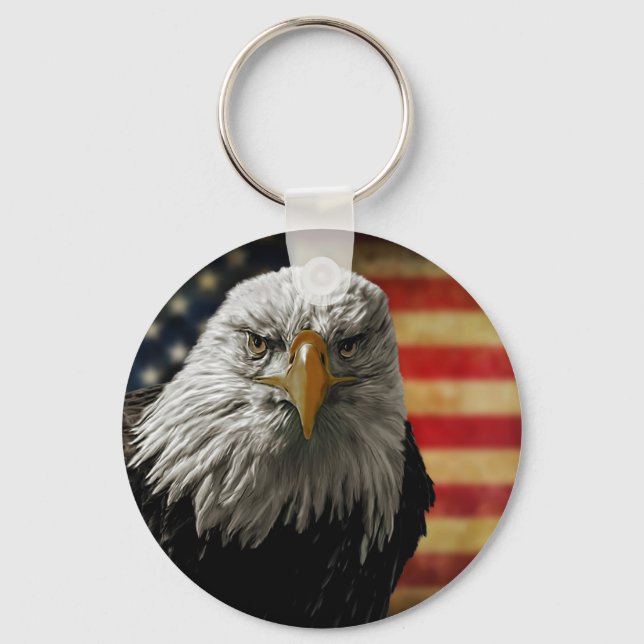 Amerikanska Örn på Grunge Flagga Nyckelring (Framsida)