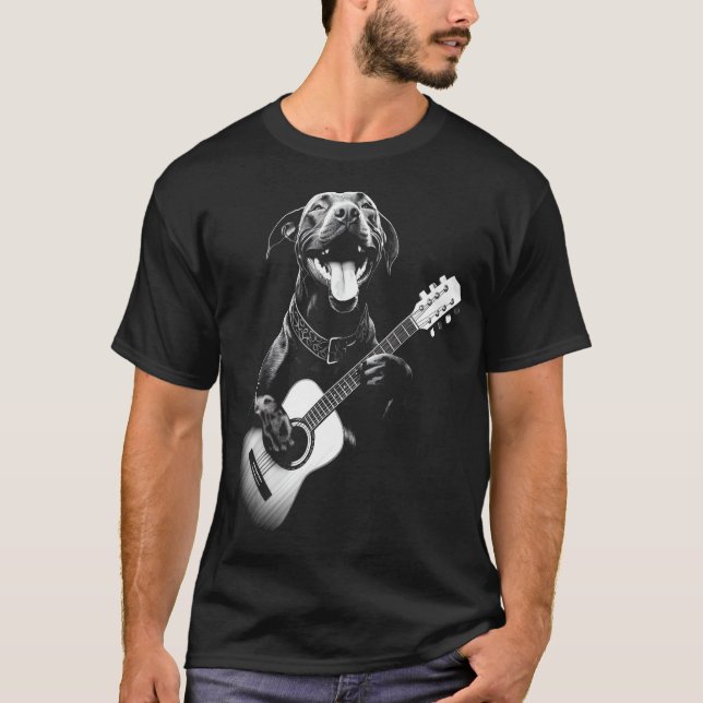 Amerikanska Pitbull Spelar Guitar - Funny Guitar H T Shirt (Framsida)