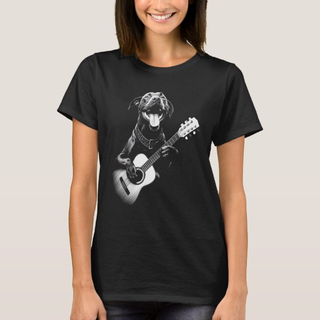 Amerikanska Pitbull Spelar Guitar - Funny Guitar H T Shirt (Framsida)