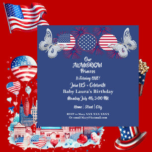 Amerikanska prinsessan Butterfly Stars Birthday 4 Inbjudningar