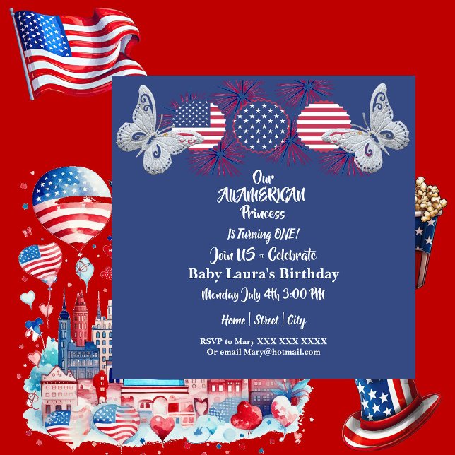 Amerikanska prinsessan Butterfly Stars Birthday 4  Inbjudningar (American Princess Butterfly Stars Birthday 4 July Invitation)