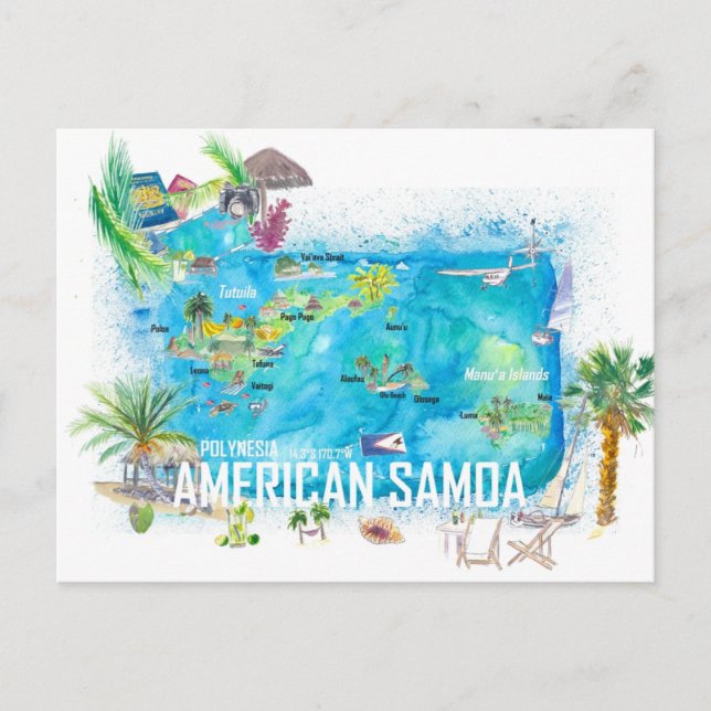 Amerikanska Samoa Illustrerad Ö-reskarta Vykort (Framsida)