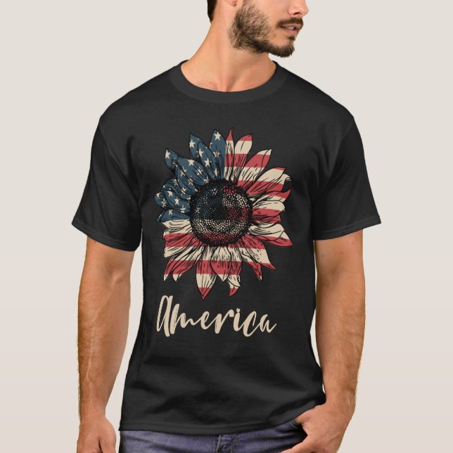 Amerikanska solrosdagen 4 juli Amerikanska patriot T Shirt (Framsida)