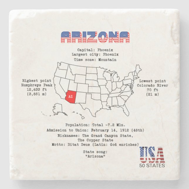 Amerikanska staten Arizona på karta och användbar  Stenunderlägg (Framsidan)