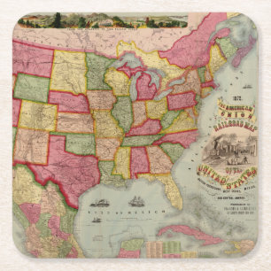 Amerikanska unionens järnvägar Karta, 1872 Underlägg Papper Kvadrat