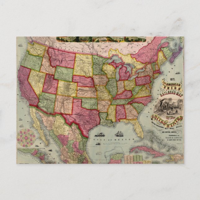Amerikanska unionens järnvägar Karta, 1872 Vykort (Framsida)