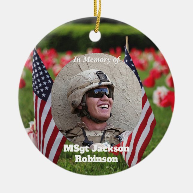 Amerikanska Veteran Flaggor och Poppies Julgransprydnad Keramik (Framsidan)