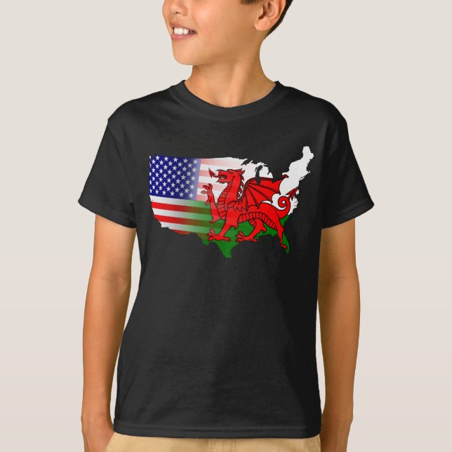 Amerikanska walesiska Flaggor Karta T Shirt (Framsida)