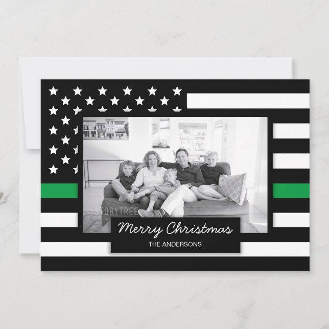 Amerikanskt Flagga-fotokort med tunn Grönt Julkort (Framsida)