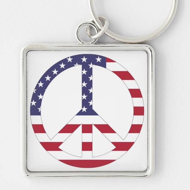 AMERIKANSKT FLAGGA FREDSTECKEN FYRKANTIG SILVERFÄRGAD NYCKELRING (Framsidan)