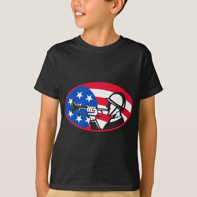 Amerikansoldat med buglen och stars och stripes tee shirt (Framsida)