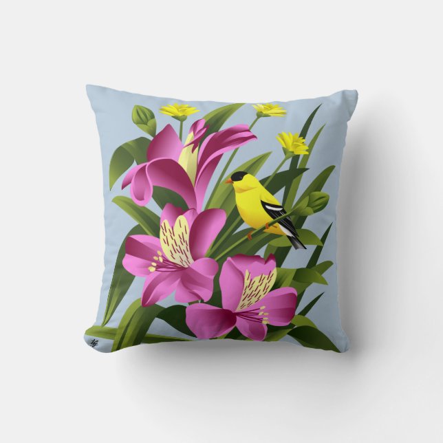 Amerikansteglits- och Alstroemeriablommor Kudde (Framsida)