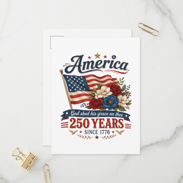 Amerikas 250-års blomsterflagga inbjudan vykort (Fram/Back In Situ)