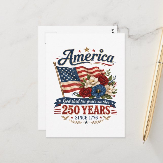 Amerikas 250-års blomsterflagga vykort (Fram/Back In Situ)