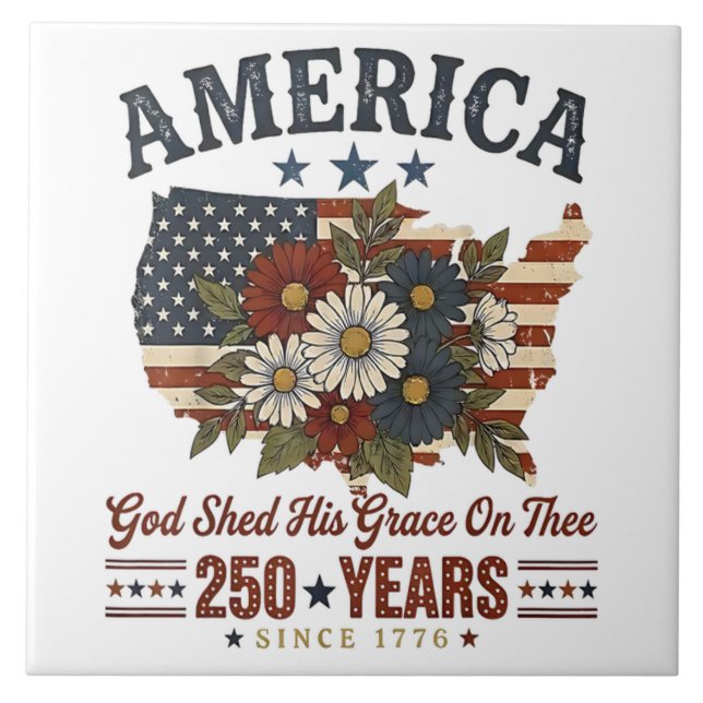 Amerikas 250-års flagga blommig kakelplatta (Framsidan)