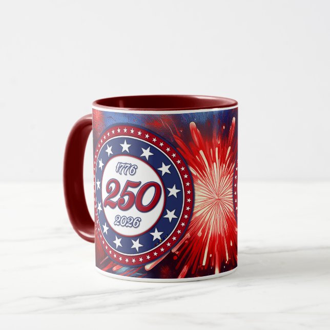 Amerikas 250-års födelsedagsgrafiska fyrverkerispr mugg (Framsida vänster)
