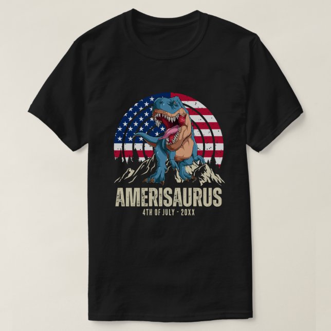 Amerisaurus 4:e juli Amerikanska Flagga Patriotic T Shirt (Design framsida)